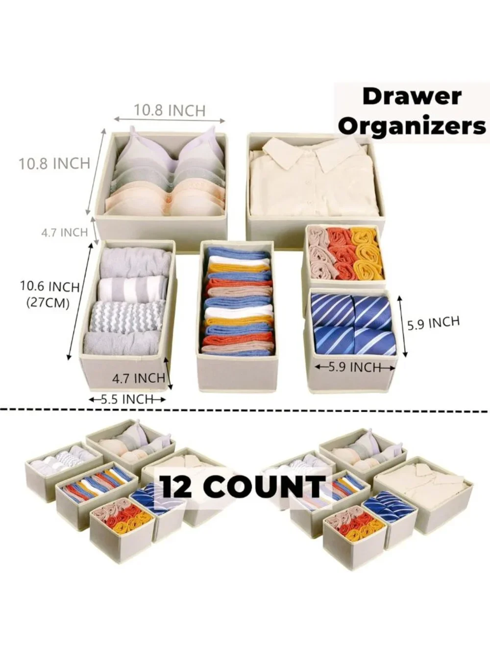 12 Pack Foldable Drawer Organizers & Dividers for Clothing, Socks, Baby Items